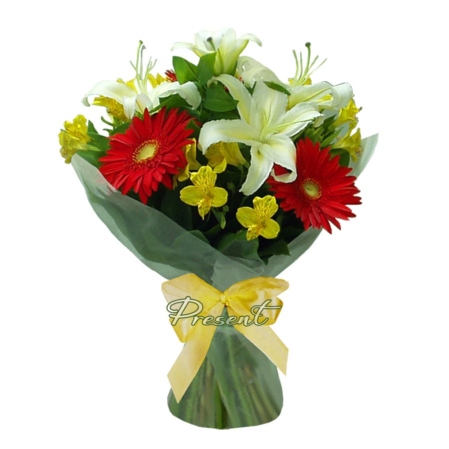 A bouquet of lilies, gerberas and alstroemerias — a harmony of joy and tenderness