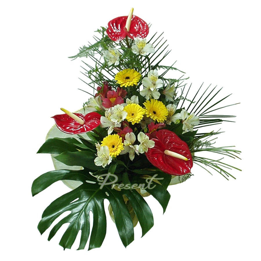 A bouquet of anthuriums, alstroemerias, and gerberas — style and feelings in every detail