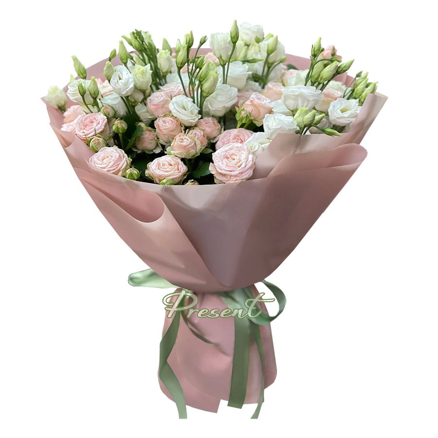 Strauß aus Sprayrosen und weißen Lisianthus — zarte Zärtlichkeit und Reinheit der Gefühle