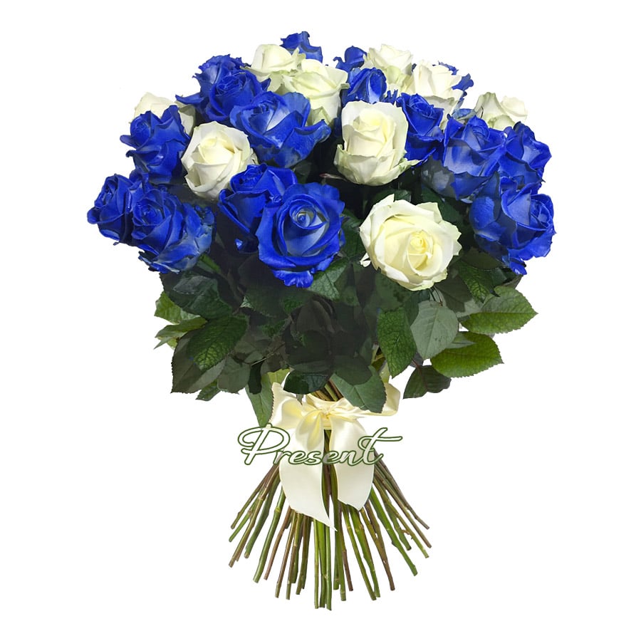 Bouquet of blue and white roses — harmony of depth and purity