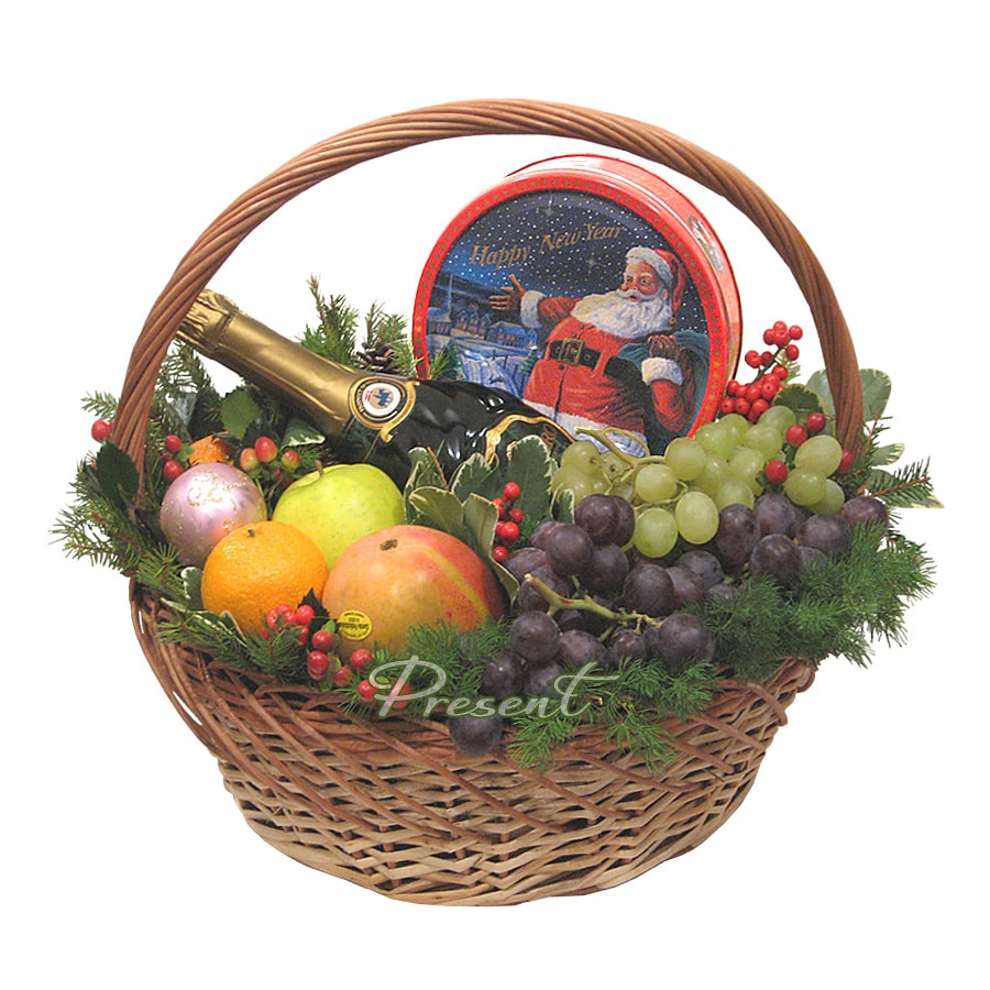 New Year basket with fruits, cookies, and champagne — festive mood in every detail